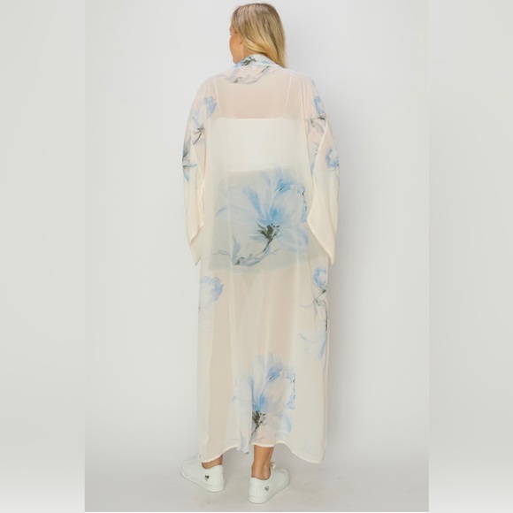 Blue  Floral Multicolor Chiffon Sheer Kimono Cardigan - Picture 6 of 6